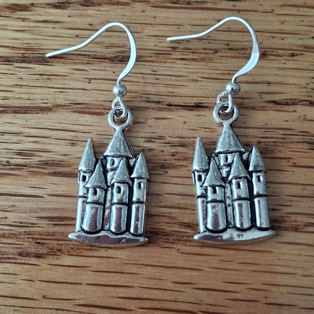 Silver Medieval Castle Earrings 1 1/2" Long